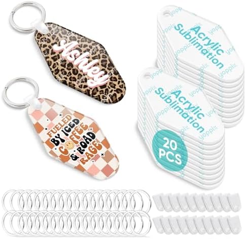 YOPPIX 60 Pcs Sublimation Acrylic Motel Keychain Blank kit, with 20 Fixing Clips and 20 Key Rings for Heat Transfer Keychain Bag Decor Room Labels Hotel Key Tags Home Gift Crafts Supplies