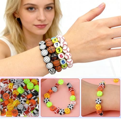 1000PCS Polymer Clay Beads for Bracelet Making, 24 Style Sports Charms incl. Baseball Basketball Soccer Football Rugby Volleyball, DIY Jewelry Making Supplies Kit