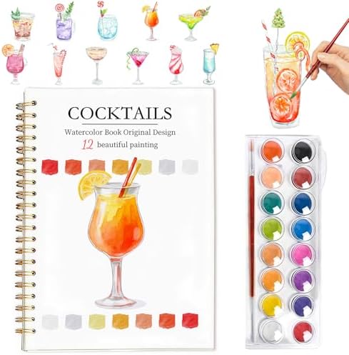 Easy Watercolor Workbook for Beginners - 12 Beautiful Step-by-Step Paintings Water Coloring Book, Includes 16 Colors Paints, Relaxing Art Projects and Creative Gift for Adults & Teen (Cocktails)
