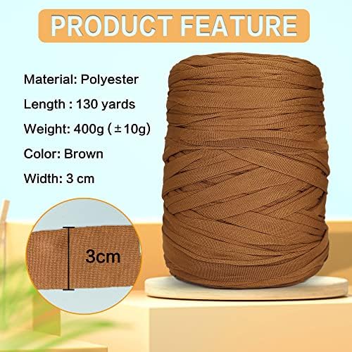 400g T-Shirt Elastic Fabric Crochet Cloth Yarn for DIY Knitting, 130 Yards Spaghetti Thick Knitting Yarn for Hand DIY Bag Basket Cushion Crocheting Projects Home Decor (Brown)