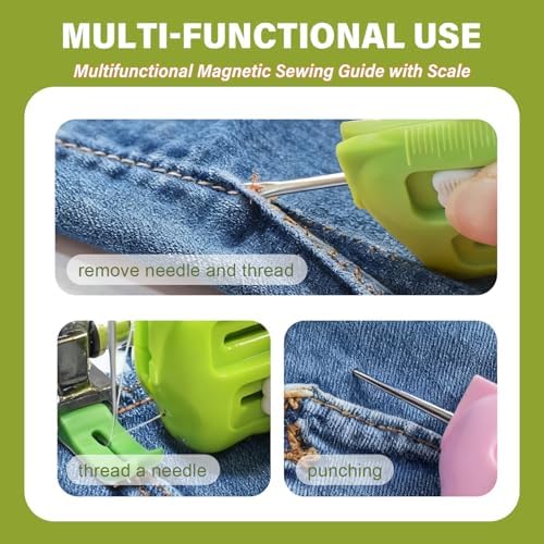 3 in 1 Magnetic Seam Guide for Sewing Machine with Seam Rippers & Needle Threader, 2026 New Multifunctional Magnetic Sewing Guide Hemmer with Scale Universal Sewing Supplies & Accessories (Pink-B)