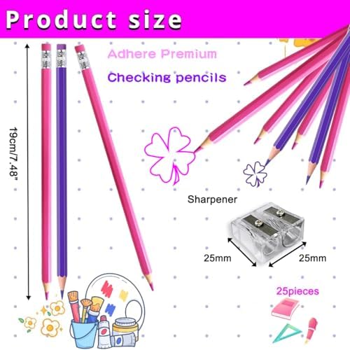 Adhere 25pcs Checking Pencils Erasable colored Pencils Pre-Sharpened #2 HB,for Checking Tests Grading,Map Coloring, editing Office Favors,including a Free sharpener. (Pink 13pcs + Purple 12pcs)