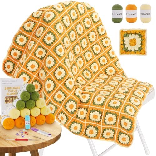 WILSHIN Blanket Crochet Kit for Beginners - Granny Squares Crochet Kit with Soft Yarns, Step-by-Step Tutorials & Detailed Instructions, Easy Craft Gift for Adults (Yellow Sunflower)