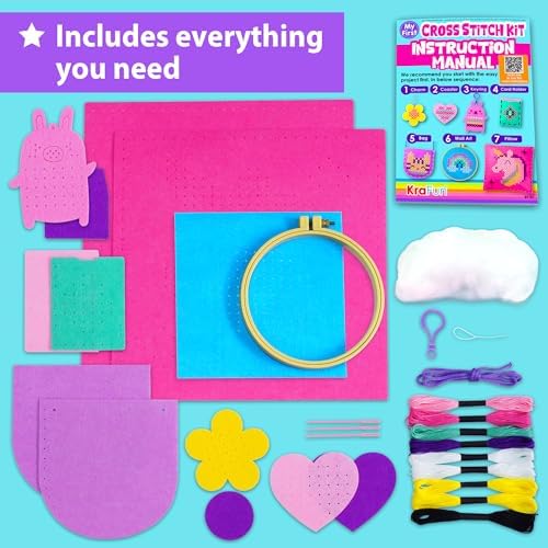 KRAFUN Cross Stitch Kit for Kids Age 5+ | 7 Beginner Projects