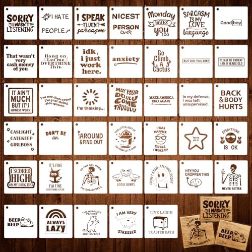 40pcs Stencils for Crafts Reusable, Funny Sarcastic Wood Burning Stencils