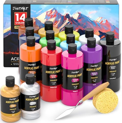 JusArt 14 Colors Acrylic Paint Set, Including Gold and Silver, 16.9oz(500ml) Large Bulk Bottles Adult Artist Paints for Rocks, Mural Walls, Crafts, Glass, Fabric, Ceramic, Canvas