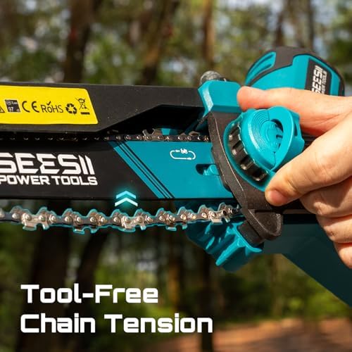 SEESII Flagship 8-Inch Cordless Mini Chainsaw, Upgraded Brushless Motor | Electric Chainsaw with 2×4000mAh Batteries, Tool-Free Chain Tension & Oiler, Handheld Saw for Fast Tree Branch Cutting