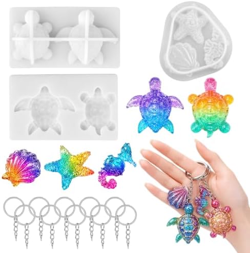 3 Pack Turtle Resin Mold Set, Ocean Animal Silicone Molds for Epoxy Resin, Mini Sea Turtle, Starfish, Seahorse and Shell Casting Molds with 10 Keychain Rings for DIY Craft Decor