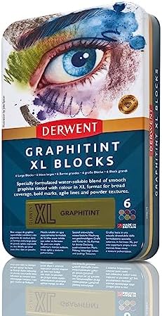 Derwent Graphitint XL Blocks 6 Tin, Set of 6, 60mm Extra-Large Block, Water-soluble, Ideal for Sketching, Drawing and Expressive Mark Making, Professional Quality (2306175)