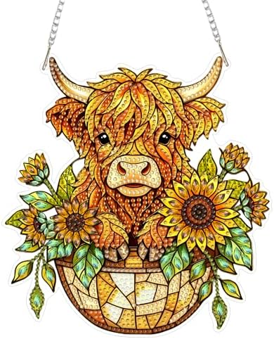 HMZephitiquc Highland Cow Hanging Diamond Art Kits for Adults, Special Shaped Crystal Diamond Painting Suncatchers, 5D Gem Art, Sun Catchers DIY Craft Kits for Gift Home Decor