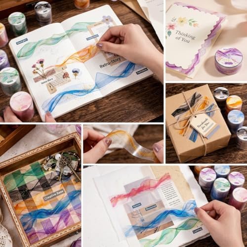 6 Rolls Gold Junk Journal Tape, Glitter Transparent Washi Tape Stickers