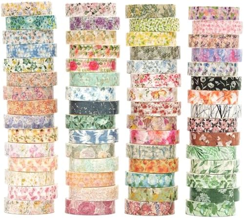 Flowers Washi Tape Set 60 Rolls Floral Patterns Decorative Skinny Blooms Masking Tapes for Arts, DIY Crafts, Journals, Planners, Scrapbook, Wrapping (Spring)