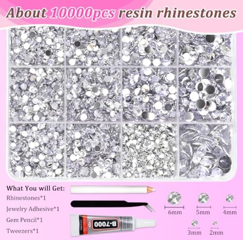 10000PCS Silver Rhinestones Bedazzling Gems 2/3/4/5/6MM Mix Sizes Resin Jelly Bedazzler Kit Flatback with Complete Tools for DIY, Nail, Art Craft for Girls Gift