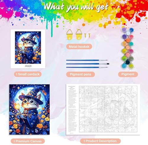 Yunnuo Cat Paint by Numbers Kit for Adults Beginner,Adult Paint by Number Kits on Canvas,Magic Cat and Flowers Paint-by-number Kits with Acrylic Paint & Brush,Great Choice for Decor and Gift(16x20 in)