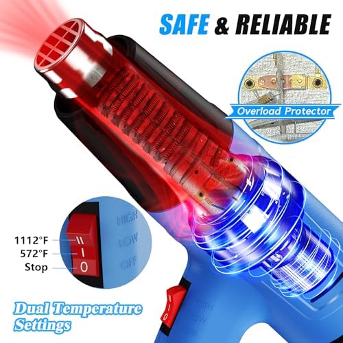 Heat Gun, 572 & 1112°F Temp Ranges, 2-Speed Adjustable, 110V with 4 Nozzles, Overload Protection, 4.9FT Cord, for Crafts and Shrink Wrap (Toolbox Set)
