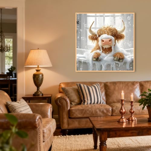 KYOQFVN Cow Diamond Art Kits for Adults, 5D Highland Cow Diamond Painting Kits for Adults, DIY Full Round Drill Paint by Diamonds Dot Gem Art for Home Wall Decor 14x14 Inch