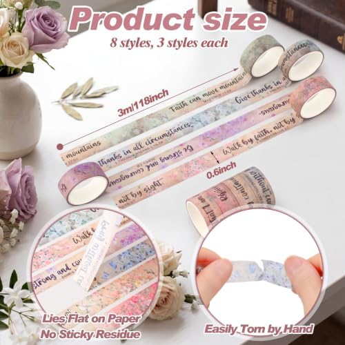 24 Rolls Christian Washi Tape Gifts for Bible Journaling, Retro
