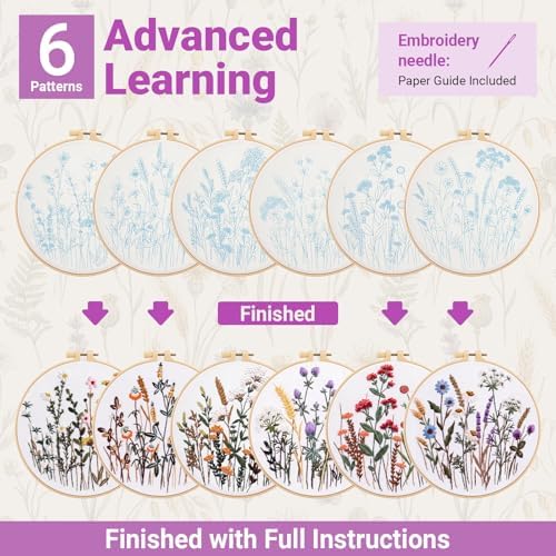 Hokoad 6 Pack Embroidery Kit for Beginners Flower Cross Stitch Kits for Adults Complete Embroidery Starter Kit with Hoop Floral Stamped Pattern Needles Threads Instructions, Gift for Hand Craft Lover