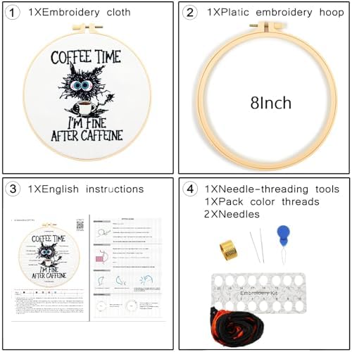 Cute Cat Embroidery Kits for Beginners Adults, Coffee Hand Embroidery Starter Kit, Stamped Cross Stitch Kits for Beginners Adult Craft Kit for Women, Entire Set of Embroidery Supplies & Video Tutorial