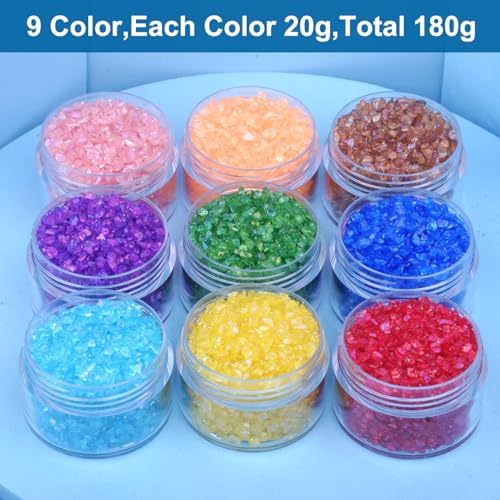 9 Box Transparent Broken Crushed Glass Glitter, 6.4oz/180g Irregular Shards Metallic Crystal Chips 2-4mm Chunky Flakes Sequins Gravel for Epoxy Resin Craft Supplies Nail Art DIY