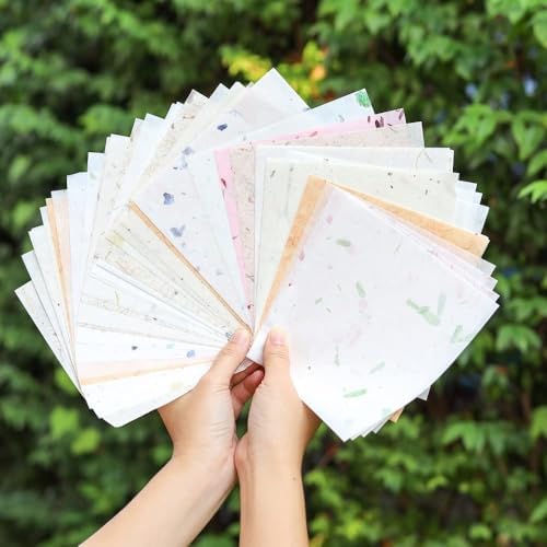 Natural Fiber Mulberry Paper 8 x 8 Inches, 50 Sheets Handmade Banana Bark, Flowers, Leaves,& Botanical Paper for Origami, Scrapbooking, Card Making, DIY Crafts, Mixed Media & Decorative Projects