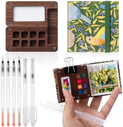 Qilery Mini Portable Watercolor Palette Set Wooden Grid Paint Box Watercolor Paper Sketch Book Brush Pens with Binder Clip for Painters Artist Not Include Paint(Bird)