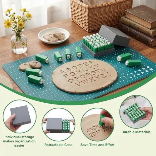 Alphabet Stamp Set for Clay Pottery, 74-Piece Kit, Green