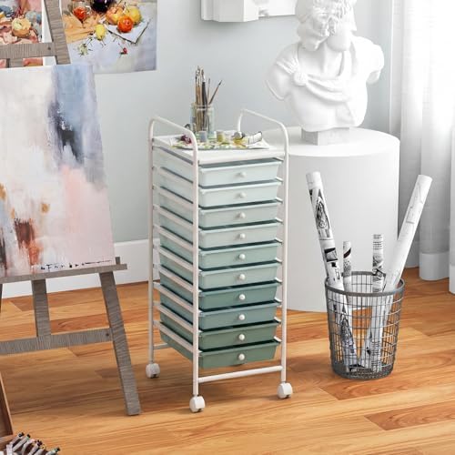 Storage Cart, Rolling Utility Cart with 10 Drawers, Portable Handles & Lockable Wheels, Mobile Paper Toys Storage Organizer Large Capacity for Home Office School Teacher (Gradient Green)