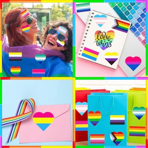 Pride Stickers 1000 PCS, Rainbow Heart & Flag LGBTQ Stickers for Transgender, Lesbian, Bi, Gay, Progress Pride, Pride Month,Parade Accessories, 16 Designs (500 Pieces Per Roll)