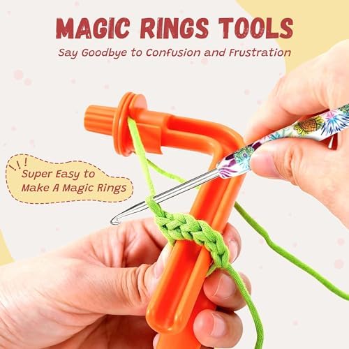 Crochet Tension Tool for Beginners, Crochet Holder Comes with a 3.25mm Crochet Hook and 10 Crochet Markers, Manual, Comfort Handle for Left & Right Hander, Accessories Gift for Crocheters & Knitters