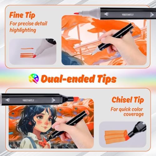 VBESTARTLY 120 Colors Alcohol Markers with Base, Permanent Dual Tip Art Markers for Adults Anime Coloring Sketch Illustrations Pefect for Gift