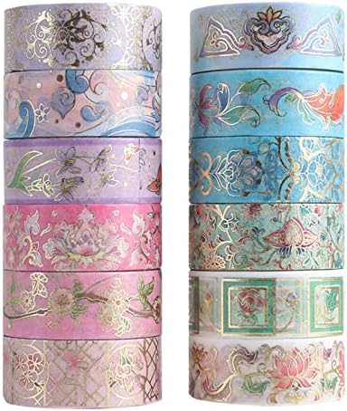 12 Rolls Floral Washi Tape Set, Gold Foil Flower Decorative Washi Masking Tape, Botanical Washi Tape for Scrapbooking, Journal, Planner, DIY Crafts, Gift Wrapping