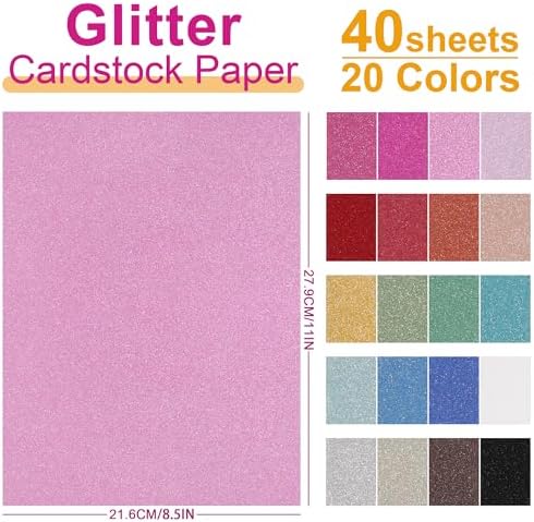 40 Sheets 20 Colors Glitter Cardstock 92lb Thick Sparkle Paper 8.5" x 11"