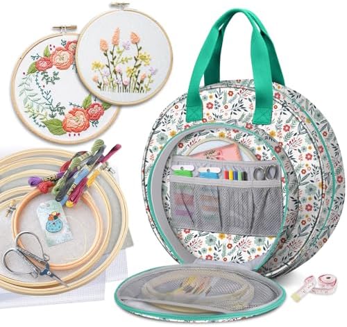 FINPAC Embroidery Project Bag, Embroidery Supplies Storage Carrying Tote Case with Multiple Pockets for Floss, Hoops, Thread, Stitch Tools Kit [Bag Only], Spring Bloom