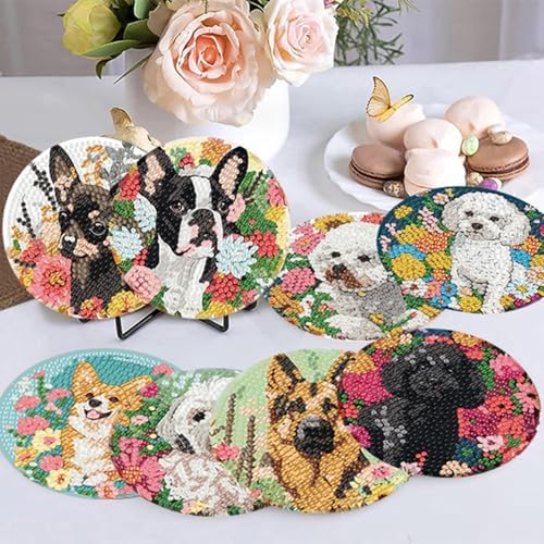 8 Pack Diamond Art Coasters,Dog Flowers Diamond Painting Coasters Kits