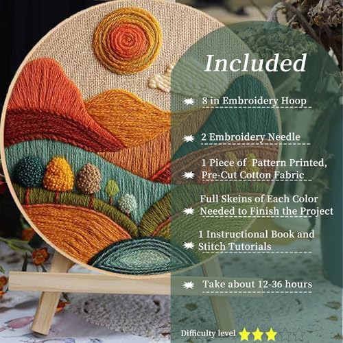 FONNUY Embroidery Kit for Beginners, Textured Vibrant Nature Landscape Pre-Stamped Pattern Kits for Adults with Hoop, Easy to Follow Color Thread Needlework, 8'' Hoop (Red 2)