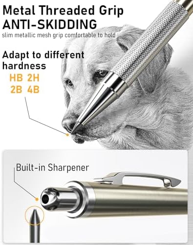 Nicpro 6PCS Metal Mechanical Pencil Set, Full Copper Drafting Pencil 0.3, 0.5, 0.7, 0.9 mm & 2PCS 2mm Graphite Lead Holder(4B 2B HB 2H) For Art Sketching Drawing With Lead Refills Eraser Case