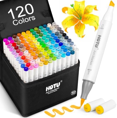 HOTU Alcohol Markers 120 Colors Brush& Chisel Dual Tips for Adults Coloring | 96 Colors+24 Skin Tone Colors, Art Markers for Artists Beginners Illustration Sketching, Non-Bleeding Pad-CPC Certificated