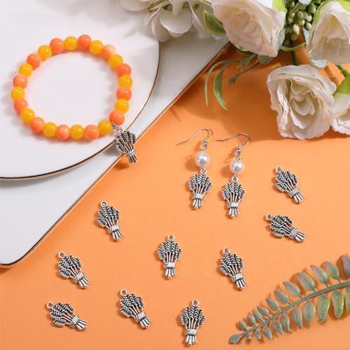 SUNNYCLUE 1 Box 50Pcs Thanksgiving Wheat Charm Fall Harvest Autumn Charms Bulk Tibetan Style Antique Silver Spike Flower Wheat Ears Pendants for Jewelry Making DIY Craft Supplies