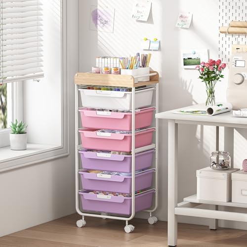 SYKIARIOL Rolling Cart with 6 Drawers,Craft Organizer and Storage,Purple