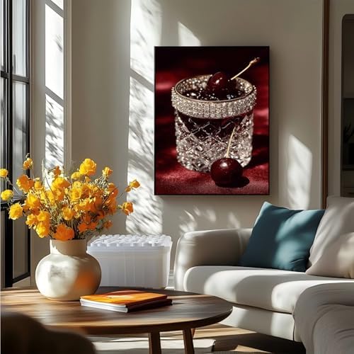 AIBOERL Diamond Art Kits for Adults,Cherry Diamond Painting Wall Decor | Round Drill Vintage Cherry Diamond Painting for Beginners DIY Rhinestone 5D Diamond dots(Gemstone Craft)Wall Art Gift 12x16IN