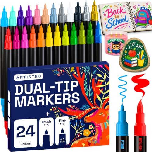 ARTISTRO 24 Mixed Colors Dual-Tip Acrylic Paint Marker Pens for Drawing