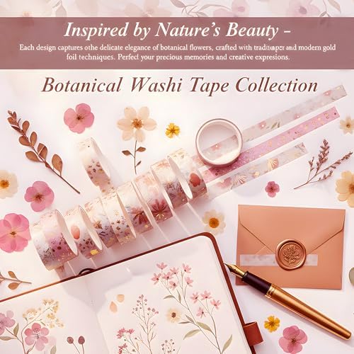 Washi Tape Set, Floral Washi Stickers, 12 Rolls Assorted Sizes, for Junk Journal Scrapbook Tape, Bullet Journaling Scrapbooking Supplies, Planner Sticker DIY Craft DéCor (Pink)