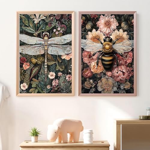 Mandun 2 Pack Paint by Numbers Kit for Adults, Dragonfly Bee Paint by Numbers for Adults, DIY Adult Painting by Numbers Beginners on Canvas Acrylic for Home Wall Art Decor 12x16Inch (Rolled Package)