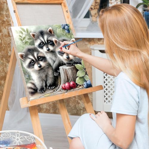 Bowetile Baby Raccoons Paint by Numbers Kit for Adults, Framed Painting by Numbers Animals, Adults' Paint-by-Number Kits on Canvas, Acrylic Number Painting for Home Wall Decor, 12x12in