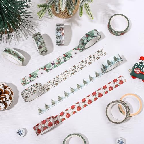 Whaline 12 Rolls Christmas Floral Washi Tape Xmas Watercolor Berry Holly Leaves Pine Cones Elk Bell Plants Masking Tape Winter Holiday Decorative Tape for Scrapbook Journal DIY Craft Gift Wrapping