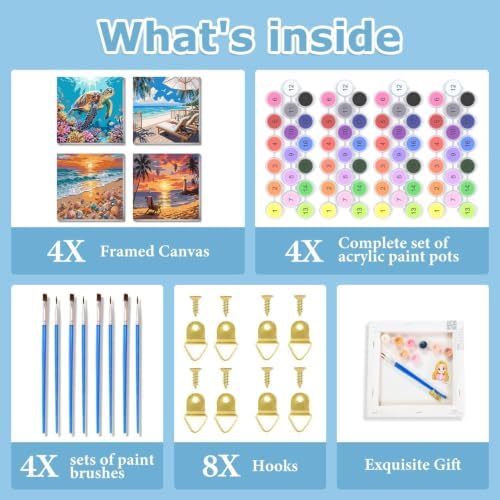 4 Pack Framed Paint By Numbers Kit for Adults, Beach Paint By Number Kits
