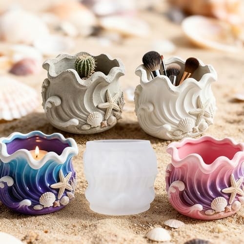 Wave Candle Molds, Seashell Jar Silicone Molds for Resin, Concrete