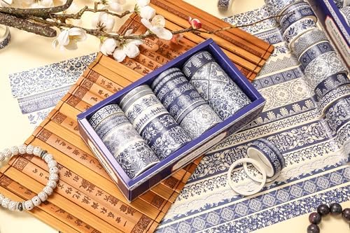 Blue & White Porcelain Washi Tape Set, Traditional Chinese Ceramic Pattern Decorative Masking Tapes, Oriental Art for Craft, Scrapbook, DIY, Gift Wrapping (2-Echoes of Blue/19 Rolls)