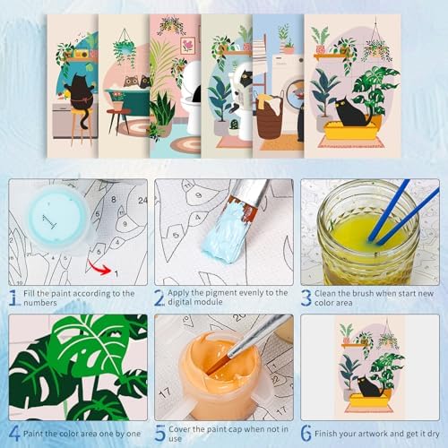 6 Pack Paint by Numbers Kit for Adults, Funny Black Cat, 8 x 12 Inch | DIY Adult Paint by Number Kits on Canvas for Beginners, without Frame, Funny Cat Home Wall Decor, Stress Relief Craft Gift